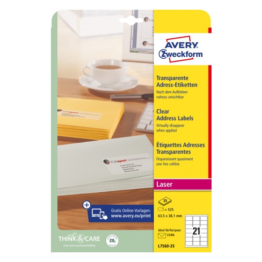 Pakningsbilde: Avery Zweckform transparente fraktetiketter, for laserskrivere, artikkel: L7560-25, format: 63,5 x 38,1 mm, utskriftsegnet for: Laser s/hv, fargelaser, innhold: 525 etiketter / 25 ark, 21 etiketter/ark.
