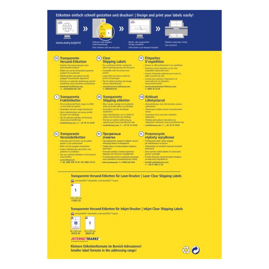 Bildet viser en reklamebrosjyre for Avery sine transparente fraktetiketter. Den inkluderer instruksjoner på flere språk og fremhever kompatibilitet med laser- og blekkskrivere. Det finnes ulike etikettalternativer og maler for enkel utforming og utskrift.
