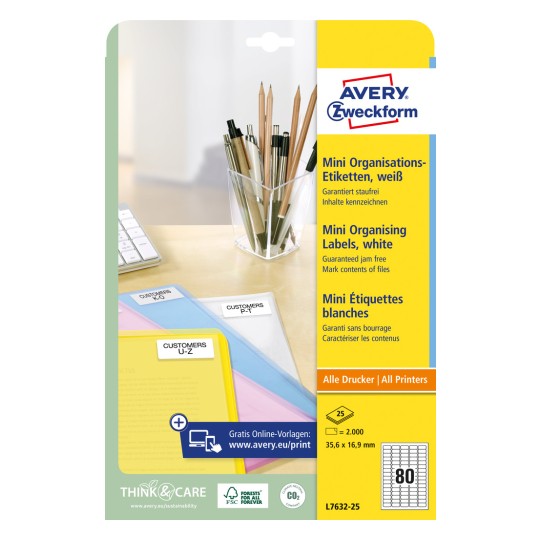 Forpakningsbilde: Avery Zweckform Mini organiseringsetiketter, Artikkel: L7632-25, Format: 35,6 x 16,9 mm, Utskriftsegnet: Inkjet, svart/hvitt laser, fargelaser, Innhold: 2.000 etiketter / 25 ark, 80 etiketter/ark.