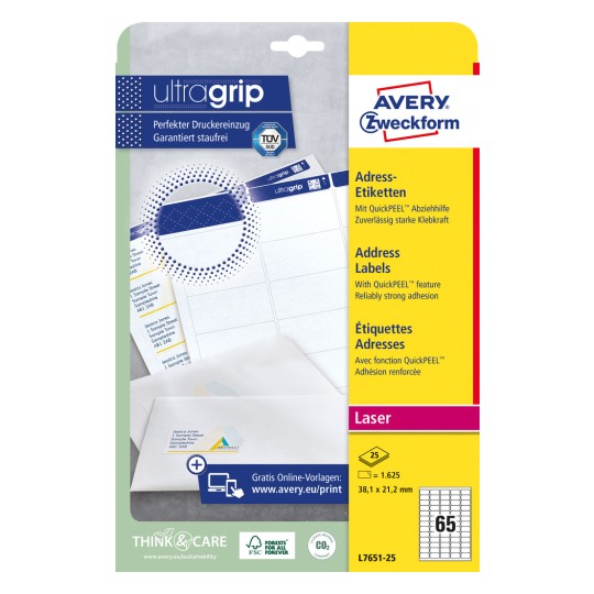 Pakningsbilde: Avery Zweckform Hvite Adresseetiketter for Laserskrivere, Artikkel: L7651-25, Format: 38,1 x 21,2 mm, Skriveregnethet: Laser s/hv, fargelaser, Innhold: 1.625 etiketter / 25 ark, 65 etiketter/ark.