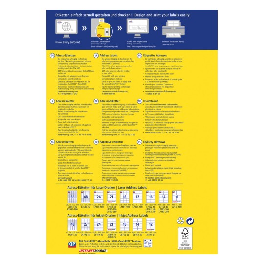Bildet inneholder instruksjoner for å designe og skrive ut ulike typer adresseetiketter, inkludert detaljer om kompatible skrivere og tips for optimal utskrift. Det er flerspråklig, med seksjoner på tysk, engelsk, fransk, nederlandsk, dansk, finsk, russisk og polsk.