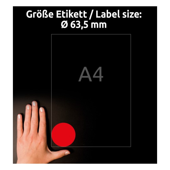 Størrelsessammenligning med hånd, artikkel: L7670R-25, et ark med etiketter i spesialfarger, format: ⌀ 63,5 mm, farge: neonrød?