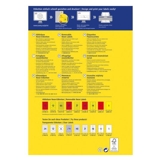 Bildet viser en reklamebrosjyre for avtakbare neonlysetiketter, med detaljer om deres egenskaper, størrelser og bruk. Det inkluderer instruksjoner på flere språk og eksempler på etikettutforminger.