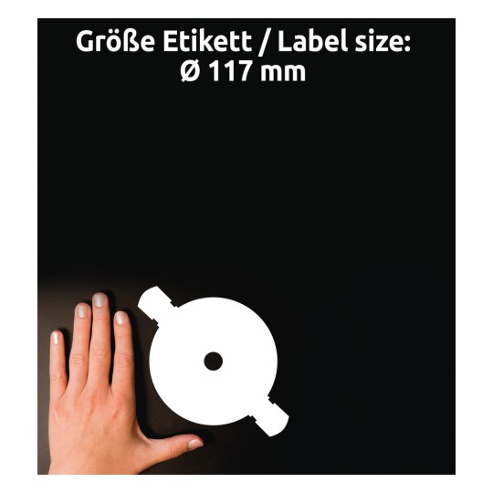 Størrelsessammenligning med hånd, Artikkel: L7676-25, ett ark CD-etiketter SuperSize, Format: ⌀ 117 mm, Farge: Hvit?