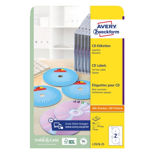 Pakkebilde: Avery Zweckform CD-etiketter SuperSize, Artikkel: L7676-25, Format: ⌀ 117 mm, Utskriftsegnet: Inkjet, Laser s/hv, Fargelaser, Innhold: 50 etiketter / 25 ark, 2 etiketter/ark.