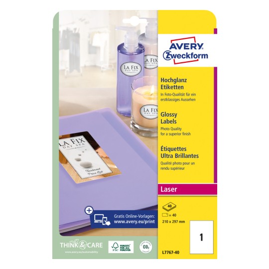 Pakningsbilde: Avery Zweckform Høyglansetiketter, Artikkel: L7767-40, Format: 210 x 297 mm, Egnet for utskrift: Laser s/hv, fargelaser, Innhold: 40 etiketter / 40 ark, 1 etikett/ark?
