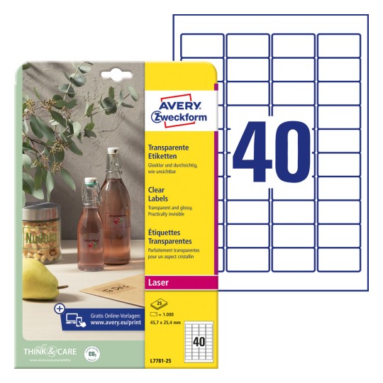 Pakningsbilde med etikettark: Avery Zweckform Transparente Etiketter, Artikkel: L7781-25, Format: 45,7 x 25,4 mm, Skriverkompatibilitet: Laser s/h, fargelaser, Innhold: 1 000 etiketter / 25 ark, 40 etiketter/ark.