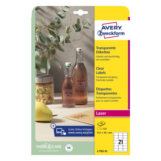 Pakningsbilde: Avery Zweckform Transparentetiketter, Artikkel: L7782-25, Format: 63,5 x 38,1 mm, Egnet for: Svart/hvit laser, fargelaser, Innhold: 525 etiketter / 25 ark, 21 etiketter/ark