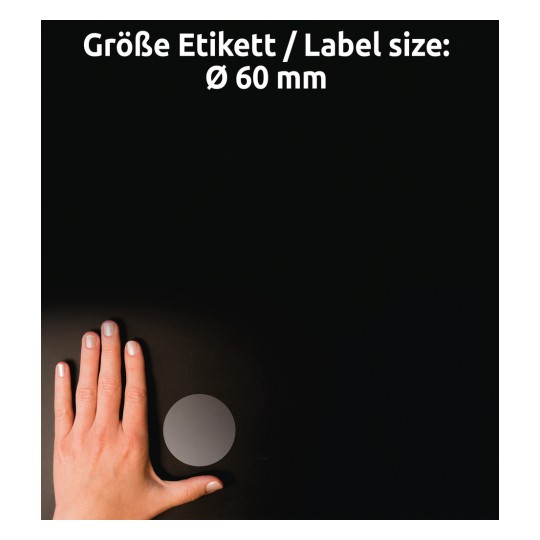 Størrelsessammenligning med hånd, Artikkel: L7787-25, ett ark med transparente etiketter, Format: ⌀ 60 mm, Farge: Transparent?