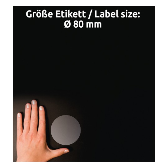 Størrelsessammenligning med hånd, Artikkel: L7788-25, ett ark med transparente etiketter, Format: ⌀ 80 mm, Farge: Transparent?
