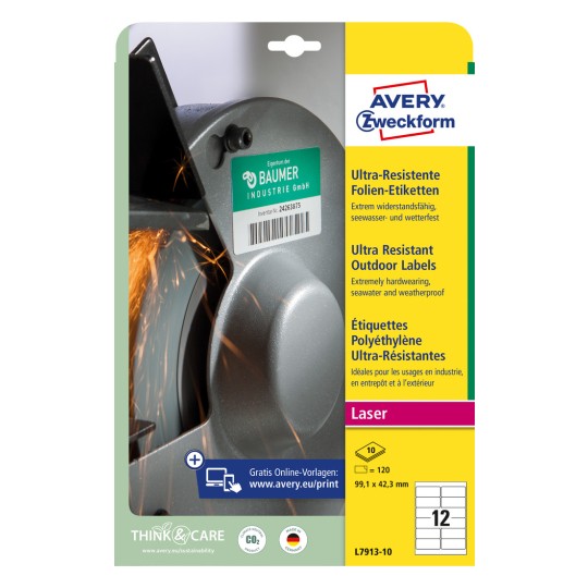 Pakningsbilde: Avery Zweckform Ultra Resistente Utendørsetiketter, Artikkel: L7913-10, Format: 99,1 x 42,3 mm, Utskriftsegnethet: Laser svart/hvitt, Fargelaser, Innhold: 120 etiketter / 10 ark, 12 etiketter/ark.
