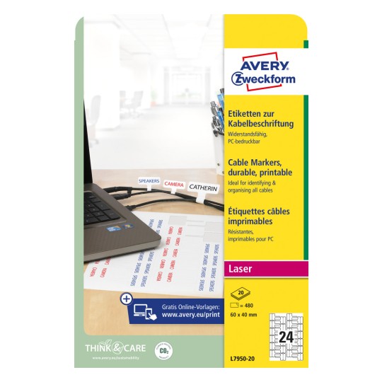 Pakningsbilde: Avery Zweckform Kabel-Etiketter, Artikkel: L7950-20, Format: 60 x 40 mm, Skriverkompatibilitet: Laser s/hv, Fargelaser, Innhold: 480 etiketter / 20 ark, 24 etiketter/ark.