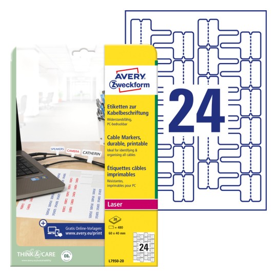 Pakningsbilde med etikettsider: Avery Zweckform etiketter for kabelmerking, Artikkel: L7950-20, Format: 60 x 40 mm, Skriverkompatibilitet: Laser s/h, fargelaser, Innhold: 480 etiketter / 20 ark, 24 etiketter/ark.