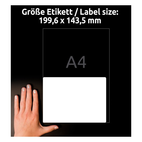Størrelsessammenligning med hånd, Artikkel: L7996-25, ett ark med fraktetiketter, format: 199,6 x 143,5 mm, farge: hvit.