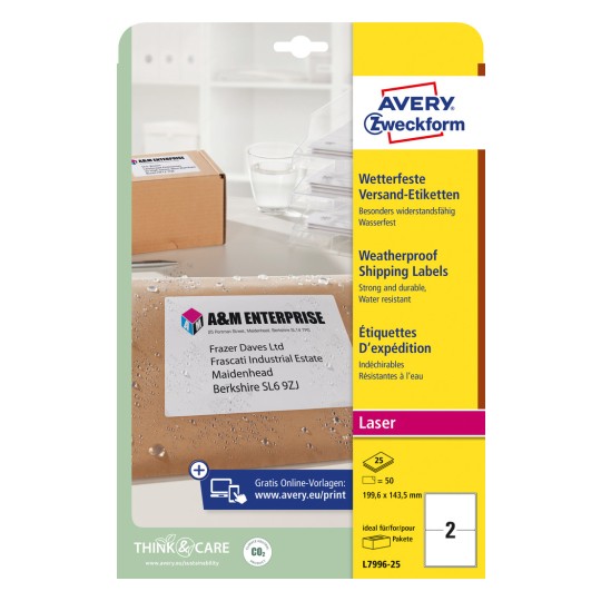 Pakningsbilde: Avery Zweckform Værbestandige Frakt-etiketter, Artikkel: L7996-25, Format: 199,6 x 143,5 mm, Trykkegnet: Laser s/hv, Fargelaser, Innhold: 50 etiketter / 25 ark, 2 etiketter/ark
