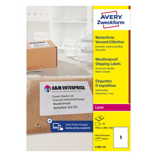Pakningsbilde: Avery Zweckform Værbestandige leveringsetiketter, Artikkel: L7997-25, Format: 199,6 x 289,1 mm, Utskriftsegnet: Laser s/hv, Fargelaser, Innhold: 25 etiketter / 25 ark, 1 etikett/ark.