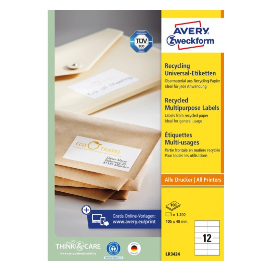 Pakningsbilde: Avery Zweckform Resirkulerings Universaletiketter, Artikkel: LR3424, Format: 105 x 48 mm, Printerkompatibilitet: Inkjet, Laserskriver s/hv, Fargelaser, Innhold: 1.200 etiketter / 100 ark, 12 etiketter/ark.