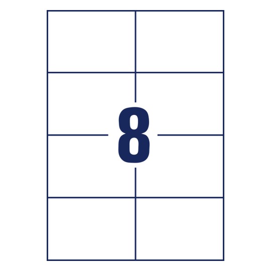 Stansetegning enkeltark A4, Artikkel: LR3427, Resirkulering Univeral-etiketter, Format: 105 x 74 mm, 8 etiketter/ark.
