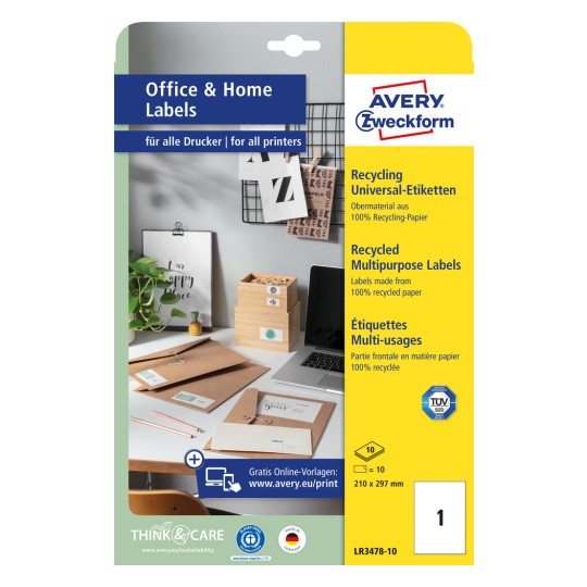 Pakningsbilde: Avery Zweckform Resirkulerte Universaletiketter, Artikkel: LR3478-10, Format: 210 x 297 mm, Utskriftskompatibilitet: Inkjet, Laser s/hv, Fargelaser, Innhold: 10 etiketter / 10 ark, 1 etikett/ark.