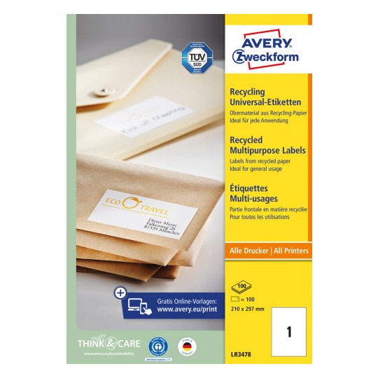 Pakkebilde: Avery Zweckform Resirkulering Universaletiketter, Artikkel: LR3478, Format: 210 x 297 mm, Skriverkompatibilitet: Inkjet, Laser s/hv, Fargelaser, Innhold: 100 etiketter / 100 ark, 1 etikett/ark?