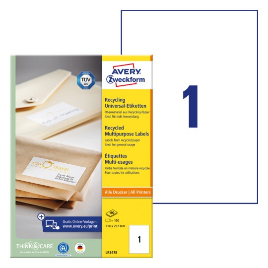 Forpakningsbilde med etikettsark: Avery Zweckform resirkulerte universaletiketter, Artikkel: LR3478, Format: 210 x 297 mm, Utskriftsegnet: Inkjet, sort/hvitt laser, fargelaser, Innhold: 100 etiketter / 100 ark, 1 etikett/ark.