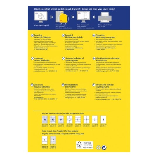 Bildet er en reklamebrosjyre for Averys resirkulerte flerbruksetiketter, med instruksjoner om hvordan designe og skrive ut etiketter, samt produktspecifikasjoner på ulike språk.