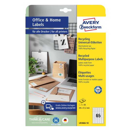 Forpakningsbilde: Avery Zweckform resirkulerte universaletiketter, artikkel: LR3666-10, format: 38 x 21,2 mm, utskriftsegnet: Inkjet, sort/hvitt laser, fargelaser, innhold: 650 etiketter / 10 ark, 65 etiketter/ark?