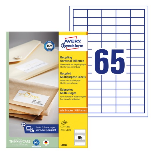 Pakningsbilde med etikettark: Avery Zweckform Resirkulerings Universal-etiketter, Artikkel: LR3666, Format: 38 x 21,2 mm, Utskriftskompatibilitet: Inkjet, Laser s/hv, Fargelaser, Innhold: 6.500 etiketter / 100 ark, 65 etiketter/ark.