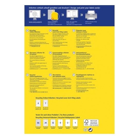En informasjonsgrafikk om resirkuleringsetiketter med ulike språkinstruksjoner om design og utskrift. Den inkluderer bilder av etiketter, spesifikasjoner og kundeservicekontakter for flere land.