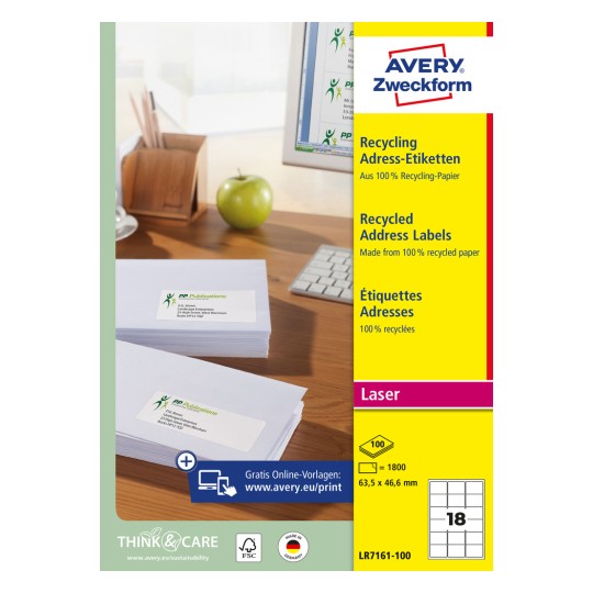 Emballasjebilde: Avery Zweckform resirkuleringsforsendelsesetiketter, artikkel: LR7161-100, format: 63,5 x 46,6 mm, utskriftsegnet: laser s/h, fargelaser, innhold: 1.800 etiketter / 100 ark, 18 etiketter/ark.