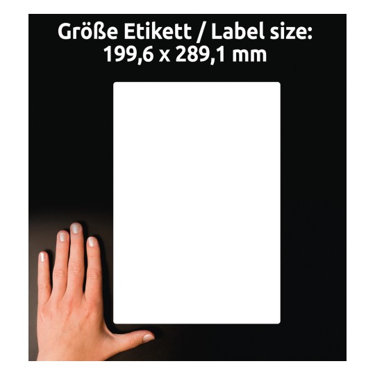 Størrelsesammenligning med hånd, Artikkel: LR7167-100, ett ark resirkulerte fraktetiketter, Format: 199,6 x 289,1 mm, Farge: Naturhvit?