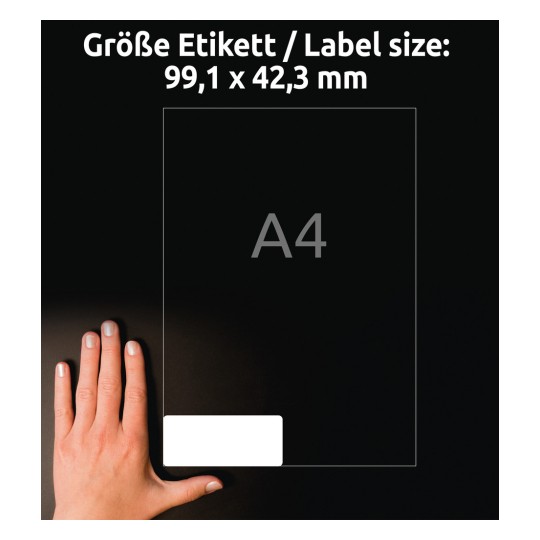 Størrelsessammenligning med hånd, artikkel: LR7177-100, ett ark resirkulerte adresseetiketter, format: 99,1 x 42,3 mm, farge: naturhvit?