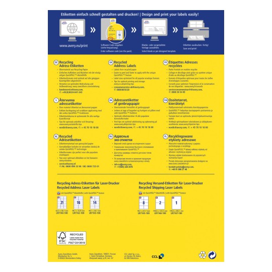 Bildet presenterer informasjon om resirkulerte adresseetiketter fra Avery, inkludert instruksjoner for design og utskrift, tips for optimal bruk, og ulike oversettelser på flere språk.