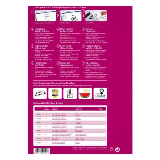 Bildet viser en fargerik informasjonsgrafikk om utforming av T-skjorteoverføringer. Det inkluderer instruksjoner på flere språk om hvordan man bruker overføringsfolie for tekstiler, sammen med en oversikt over produktkoder, formater, mengder og trykktyper. Det er også eksempeldesign vist nederst.