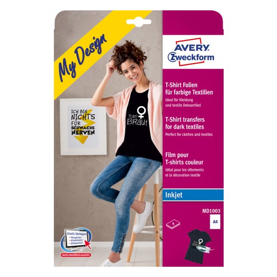 Pakningsbilde: Avery Zweckform tekstiloverføringsfolie for mørke tekstiler, Artikkel: MD1003, Format: 210 x 297 mm, Skriverkompatibilitet: Inkjet, Innhold: 4 ark /ark?