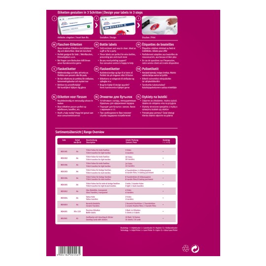 Bildet viser etikettutforming og utskriftsalternativer, inkludert forskjellige typer etiketter for flasker og tekstiler, med instruksjoner på flere språk. Det inneholder produktkoder, formater, beskrivelser, innhold og emballasjedetaljer. Oppsettet er fargerikt og ordnet for å gi en klar oversikt over de tilgjengelige produktene.