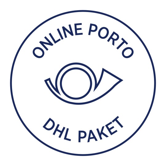 Bildet viser en sirkulær logo eller stempel som sier 'ONLINE PORTO' øverst og 'DHL PAKET' nederst, med en øyelignende grafikk i midten.