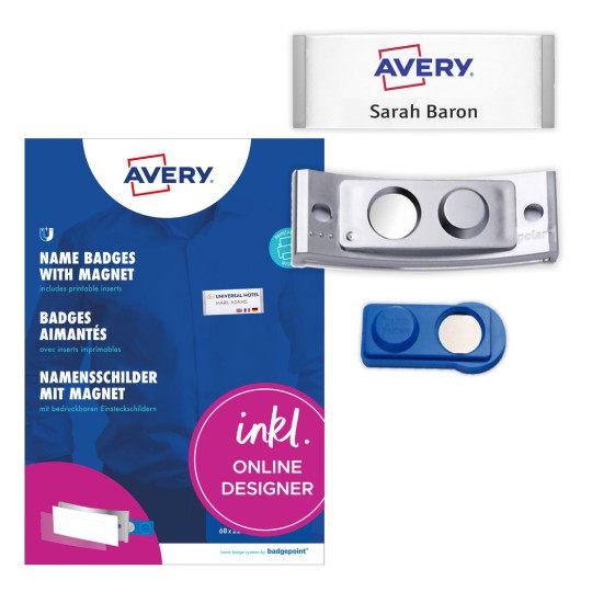 Pakningsbilde med etikettsark: Avery Zweckform, Artikkel: POL20MA66-5DR, Magnetiske navneskilt, Format: 68 x 22 mm, Skriverkompatibilitet: Fargelaser, sort/hvit laser, blekkskriver, Innhold: 5 skilt / 24 innstikksskilt / 1 ark, 24 kort/ark.