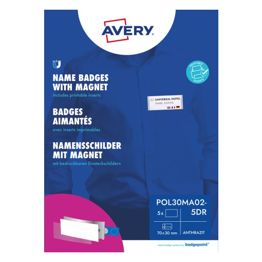 Pakningsbilde: Avery Zweckform, Artikkel: POL30MA02-5DR, Format: 70 x 30 mm, Trykkegnethet: Fargelaser, Laser s/hv, Inkjet, Innhold: 5 skilt / 18 innstikksskilt / 1 ark.