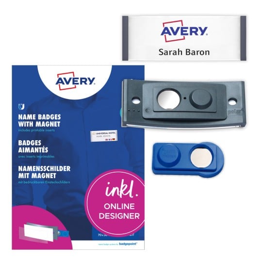Forpakningsbilde med etiketark: Avery Zweckform, Artikkel: POL30MA02-5DR, Magnetiske navneskilt, Format: 70 x 30 mm, Skriverkompatibilitet: Fargelaser, Laser s/h, Inkjet, Innhold: 5 skilt / 18 innsatskort / 1 ark, 18 kort/ark?