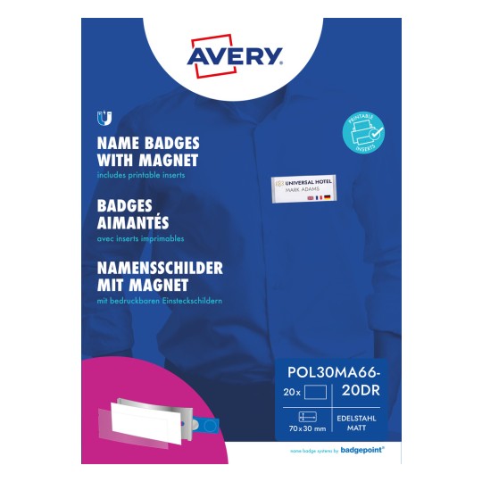 Pakningsbilde: Avery Zweckform, Artikkel: POL30MA66-20DR, Format: 70 x 30 mm, Skriveegnet: Fargelaser, Svart/hvitt laser, Inkjet, Innhold: 20 skilt / 90 innstikkskilt / 5 ark, /ark?