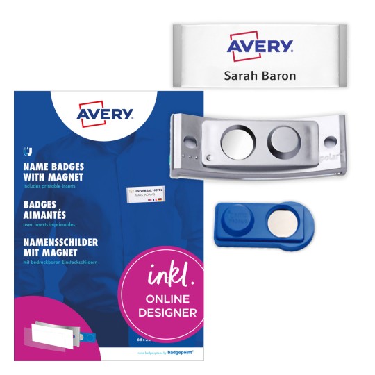 Pakningsbilde med etikettark: Avery Zweckform, Artikkel: POL30MA66-20DR, Magnetiske navneskilt, Format: 70 x 30 mm, Utskriftskompatibilitet: fargelaser, svart/hvitt laser, blekkskriver, Innhold: 20 skilt / 90 innstikksskjold / 5 ark, 18 kort/ark?