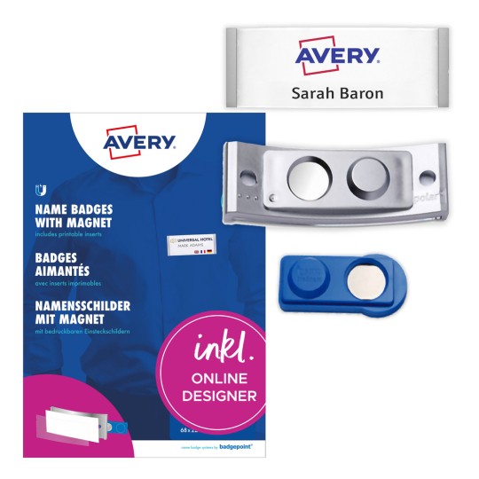 Pakningsbilde med etikettark: Avery Zweckform, Artikkel: POL30MA66-5DR, Magnetiske navneskilt, Format: 70 x 30 mm, Utskriftskompatibilitet: Fargelaser, Laser s/hv, Inkjet, Innhold: 5 skilt / 18 innsatskort / 1 ark, 18 kort/ark?