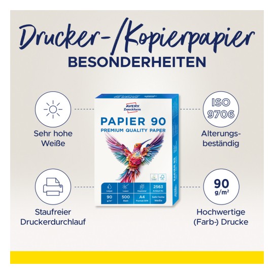 Bildet viser en produktboks for 'Drucker-/Kopierpapier' som fremhever egenskaper som svært høy hvithet, aldersbestandighet og kompatibilitet for blekk- og laserskrivere.