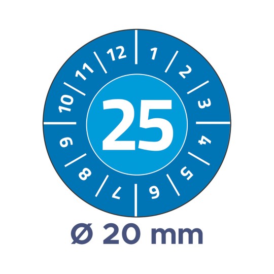 Et bilde som viser en sirkulær måler med tallet 25 tydelig vist i midten, og markeringer som indikerer tall fra 1 til 12 langs kantene. Under sirkelen vises teksten 'Ø 20 mm', som antyder en diameter måling.
