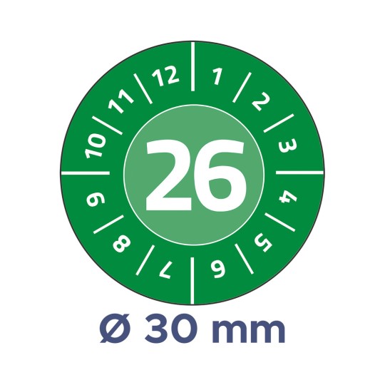 Bildet viser en rund måler med grønn bakgrunn. Tallet 26 er fremtredende plassert i midten, omgitt av tallene fra 1 til 12 og 1 til 12 i et sirkulært mønster. Under sirkelen angis en diameter på 30 mm.