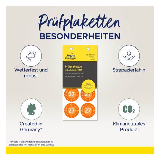 Bildet viser inspeksjonsmerker for året 2027, og fremhever egenskaper som værbestandighet, holdbarhet og klimaneutralitet. Det inkluderer detaljer om at produktet er utviklet og produsert i Tyskland.