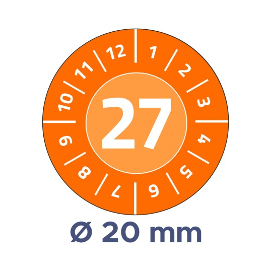 Bildet viser en sirkelformet måler som indikerer en måling på 27 med omkringliggende tall fra 1 til 12 og 6 til 10, og en diameter på 20 mm nedenfor.