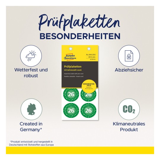 Bildet viser en produktpakke for inspeksjonsetiketter med funksjoner som vanntett, robust, manipuleringssikker, klimanøytral, og laget i Tyskland, beregnet for bruk i 2026.