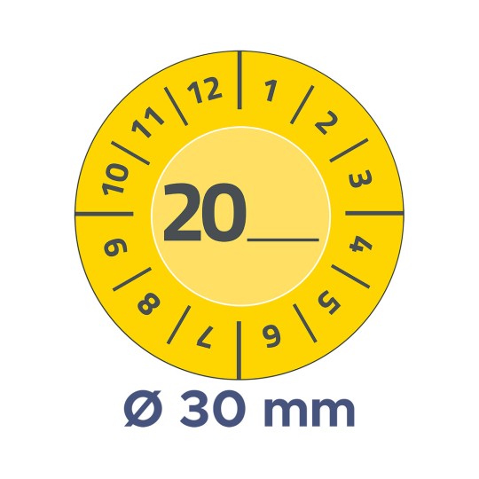 Bildet viser en sirkulær urskive med tall som går fra 1 til 12 og et fremhevet tall 20 i midten, merket med en diameter Ø 30 mm.